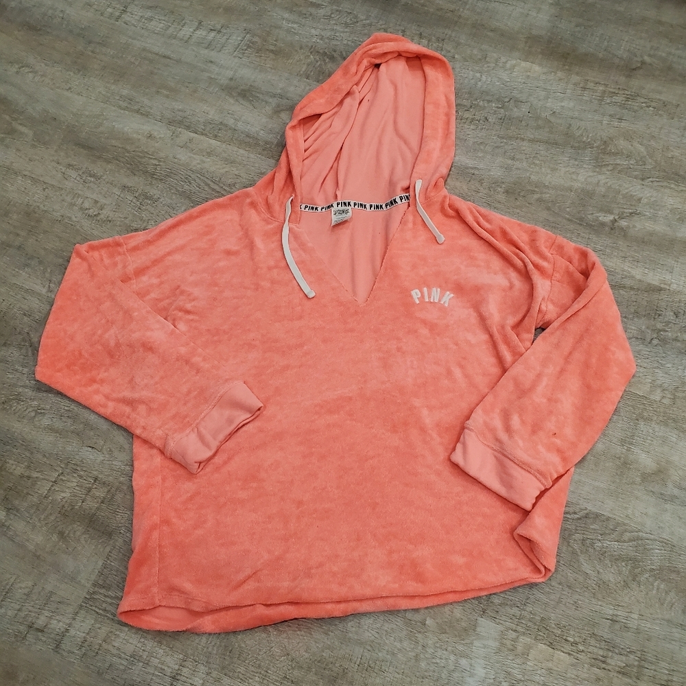 PINK Victoria's Secret Coral Terry V-Neck Hoodie Lsz